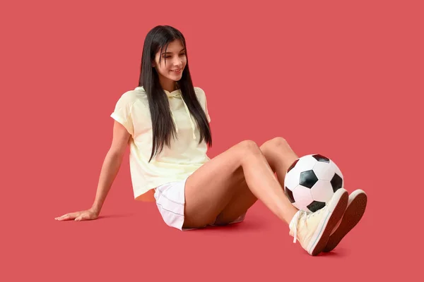 Young Woman Soccer Ball Red Background — Stock Photo, Image