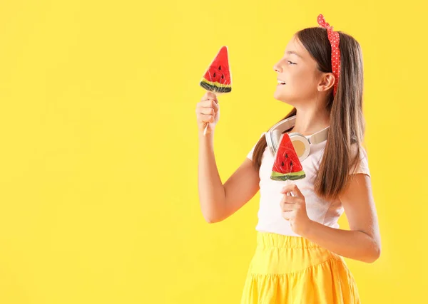 Happy Little Girl Headphones Lollipops Shape Watermelon Slices Yellow Background — Stock Photo, Image