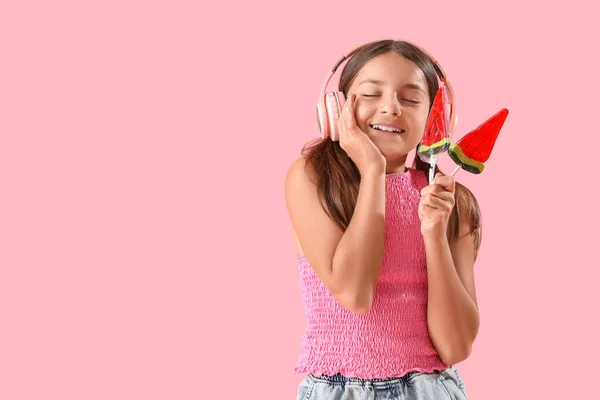 Happy Little Girl Lollipops Shape Watermelon Slices Listening Music Pink — Stock Photo, Image