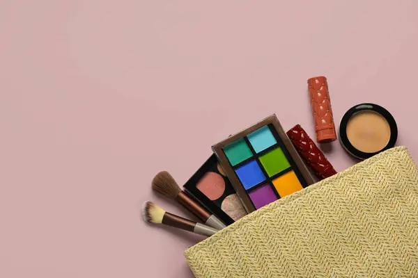 Stylish Cosmetic Bag Makeup Products Purple Background — Stock Photo, Image