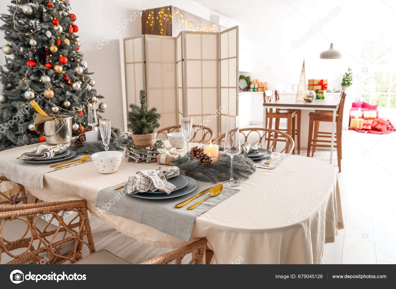 Interior Modern Dining Room Christmas Tree Festive Table Setting Stock   Depositphotos 679045126 Stock Photo Interior Modern Dining Room Christmas 