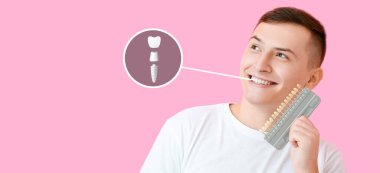 Pembe arka planda diş ve diş nakli çizelgesi olan genç bir adam.