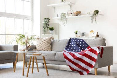 Oturma odasının içinde kanepeler ve Amerikan bayrağı var.