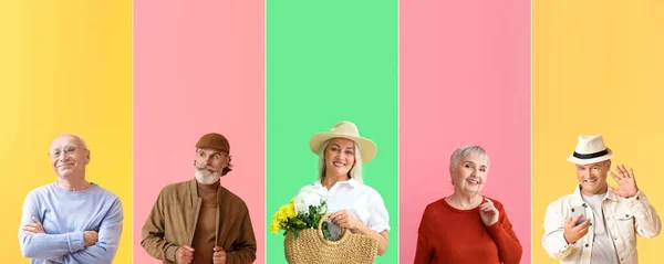 Group of elderly people on color background