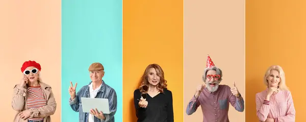 Collage of elderly people on color background