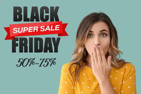 Surprised young woman and text BLACK FRIDAY SUPER SALE on color background