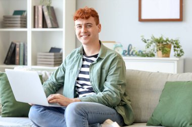 Genç kızıl adam evdeki kanepede dizüstü bilgisayar kullanıyor.