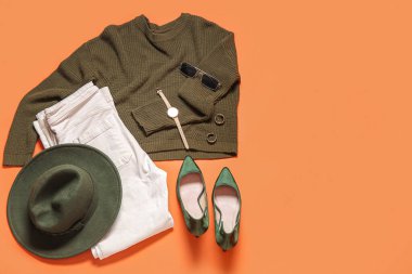 Şık kadın kıyafetleri, aksesuarları ve renkli topuklu ayakkabıları olan kompozisyon