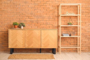 Odadaki tuğla duvarın yanında bitkilerle ve raf ünitesiyle televizyon standı