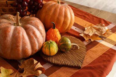 Modern mutfakta kabaklı ve sonbahar yapraklı masa, yakın plan.