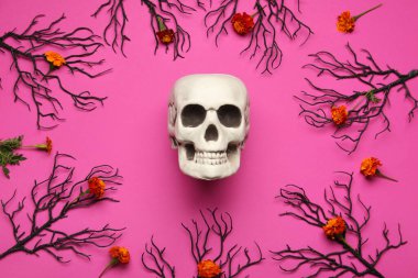 Kafatası, dalları ve pembe arka planda kadife çiçekleri olan Cadılar Bayramı kompozisyonu