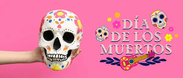 Greeting Banner Mexico Day Dead Dia Muertos Hand Holding Painted — Stock Photo, Image