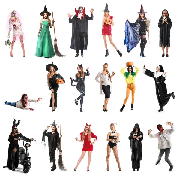 Uppsättning Människor Halloween Kostymer Vit Bakgrund — Stockfoto