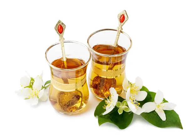 Cups Tea Beautiful Jasmine Flowers White Background — Stock Photo, Image