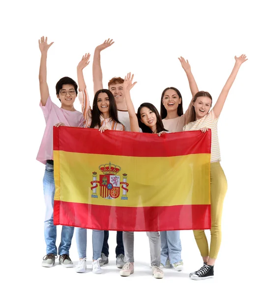 Jóvenes Estudiantes Escuela Idiomas Con Bandera España Sobre Fondo Blanco —  Fotos de Stock