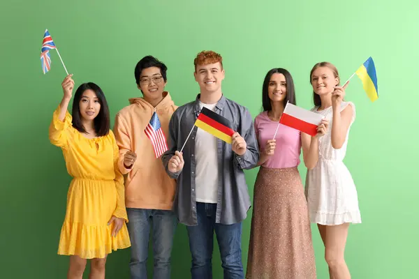 Young students of language school with flags on green background