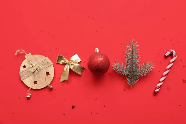 Branche Arbre Noël Avec Boule Arc Canne Bonbons Sur Fond — Photo