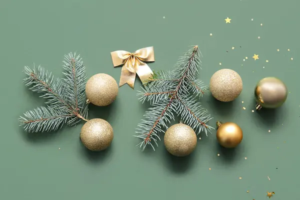Christmas Tree Branches Balls Bow Green Background — Stock Photo, Image