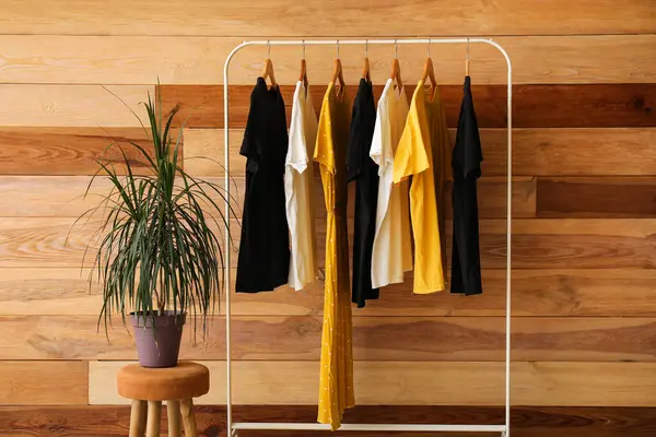 Gestell Mit Verschiedenen Kleidungsstücken Und Zimmerpflanze Der Nähe Der Holzwand — Stockfoto