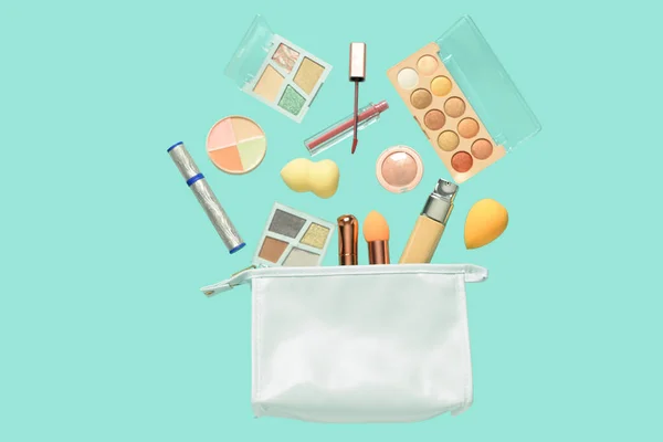 Flying Bag Decorative Cosmetics Color Background — Stock Photo, Image