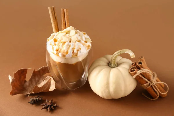 Glass Tasty Pumpkin Latte Cinnamon Almond Brown Background — Stock Photo, Image
