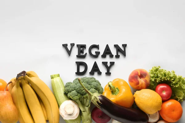 Fresh Vegetables Fruits Text Vegan Day Grey Background — Stock Photo, Image