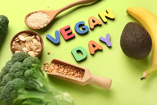 Text Vegan Day Different Healthy Products Green Background — Stock Photo, Image