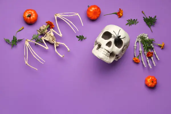 stock image Halloween composition with skull, skeleton, pumpkins and marigold flowers on purple background