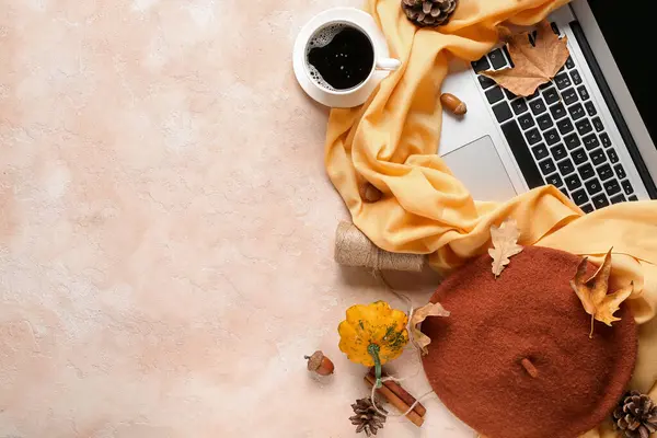Beautiful Autumn Composition Cup Coffee Laptop Female Accessories Color Background — Stock Photo, Image