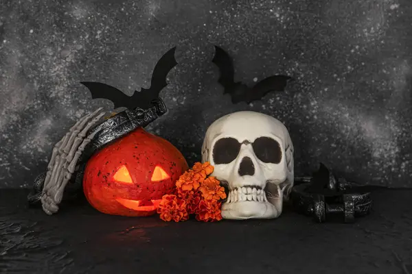 Halloween Composition Skull Jack Lantern Black Grunge Background — Stock Photo, Image