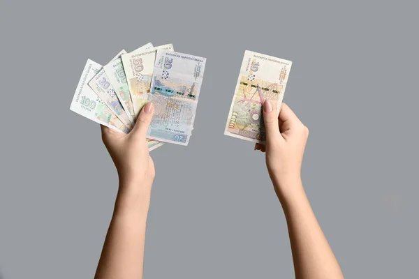 Female Hands Holding Bulgarian Lev Banknotes Grey Background — Stock Photo, Image