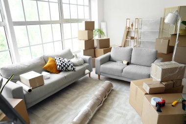 Taşındığı gün oturma odasında karton kutular olan kanepeler.