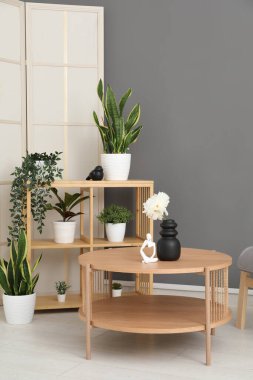 Raflı açık ahşap sehpa ve gri duvarın yanındaki tuvalet ekranı.