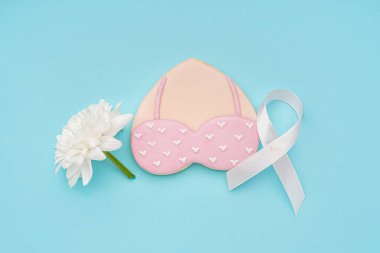 Kalp şeklinde sütyen, kasımpatı çiçeği ve mavi arka planda kurdele şeklinde pembe kurabiye. Göğüs kanseri farkındalığı konsepti