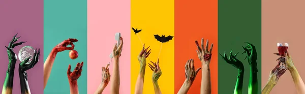 Renkli Arka Planda Canavar Elleri Kolajı Cadılar Bayramı — Stok fotoğraf