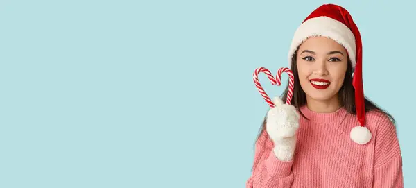 Beautiful Young Asian Woman Santa Hat Christmas Candy Canes Light — Stock Photo, Image
