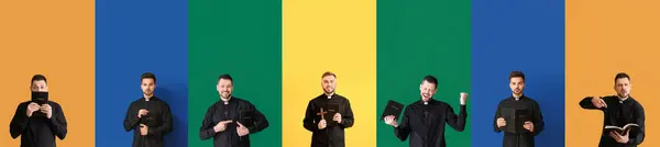 Uppsättning Många Präster Färgglada Bakgrund — Stockfoto