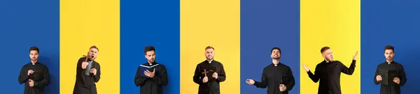 Set Van Verschillende Priesters Kleurrijke Achtergrond — Stockfoto