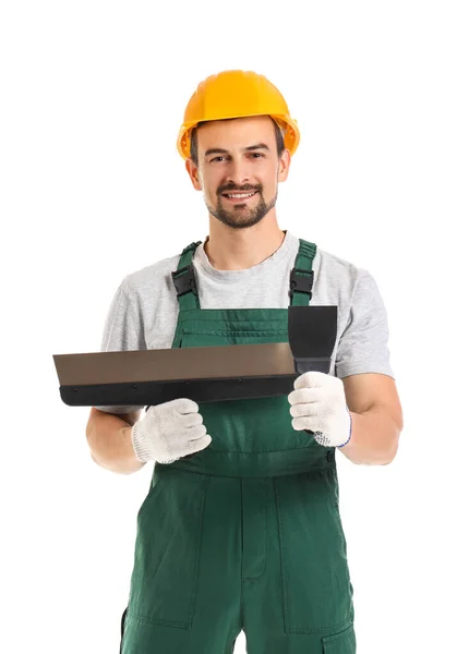 Male Decorator Putty Knives White Background — Stock Photo, Image