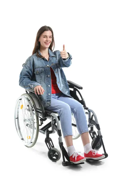 Junge Frau Rollstuhl Zeigt Daumen Nach Oben Auf Weißem Hintergrund — Stockfoto