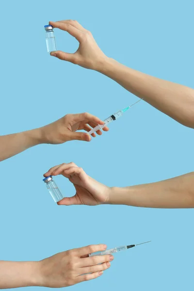 Vrouwelijke Handen Met Spuiten Ampullen Blauwe Achtergrond — Stockfoto