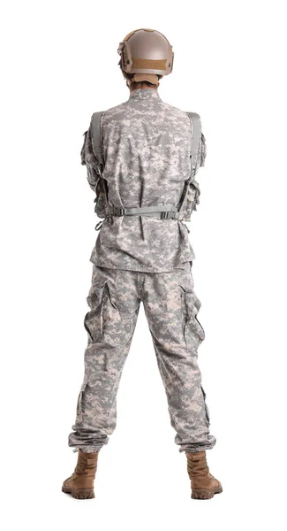 Soldato Maschio Marcia Piena Isolato Sfondo Bianco Vista Posteriore — Foto Stock
