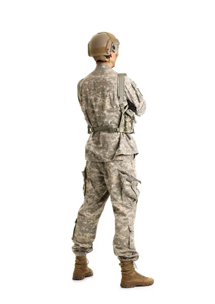 Mannlig Soldat Fullt Utstyr Isolert Hvit Bakgrunn – stockfoto