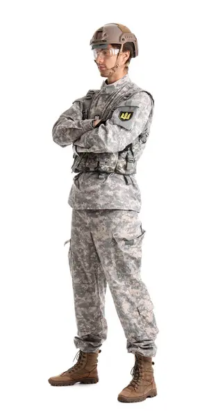 Ung Man Soldat Full Växel Isolerad Vit Bakgrund — Stockfoto