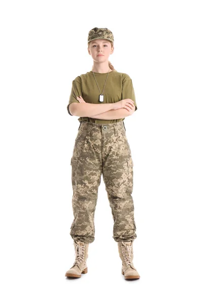 Молодая Женщина Солдат Изолирован Белом — стоковое фото