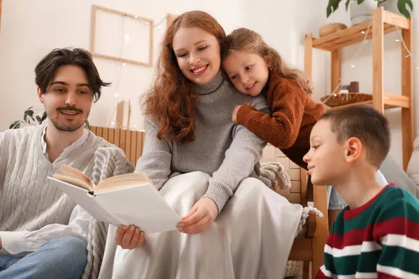 Happy Family Warm Sweaters Reading Book Home — Stock Photo, Image