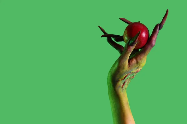 Μάγισσα Μήλο Πράσινο Φόντο Απόκριες Γιορτή — Φωτογραφία Αρχείου