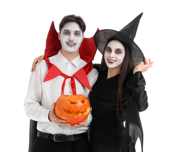Cadılar Bayramı Için Giyinmiş Genç Bir Çift Beyaz Arka Planda — Stok fotoğraf