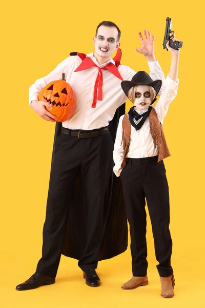 Little Boy His Father Dressed Halloween Pumpkin Yellow Background — Stock Photo, Image