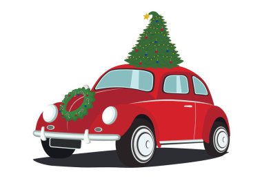 Beyaz arka planda Noel ağacı olan Retro araba